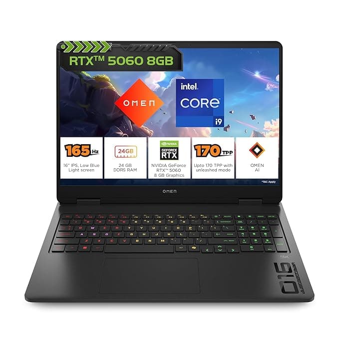 HP Omen, 14th Gen Intel Core i9-14900HX, 8GB RTX 5060, 24GB DDR5(Upgradeable) 1TB SSD, 165Hz, 2k WUXGA, 3ms, 400 nits, 16''/40.6cm, Win11, M365* Office24, Black, 2.43kg, am0279TX, RGB, Gaming Laptop